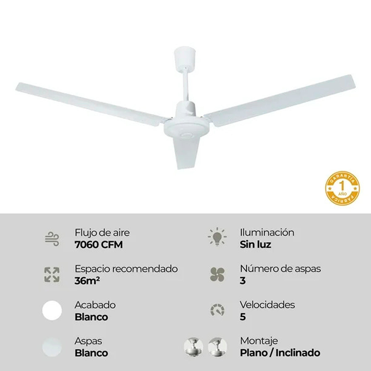 VENTILADOR DE TECHO INDUSTRIAL 56 PULGADAS, CONTROL DE PARED, BLANCO.